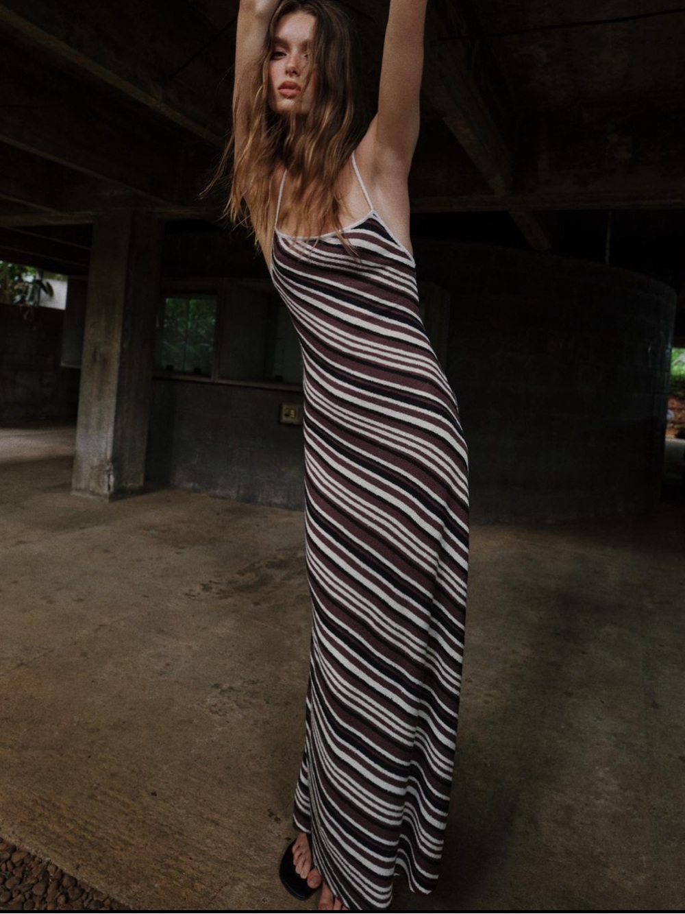 Zara Brown & White Striped Maxi Slip Dress